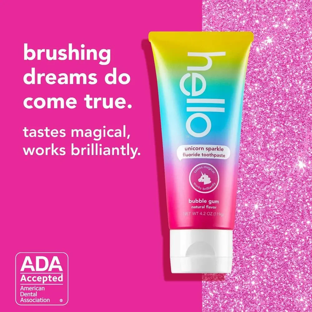 2 PACK + Gift Hello Kids Fluoride Toothpaste, Vegan, Unicorn Sparkle Bubble Gum